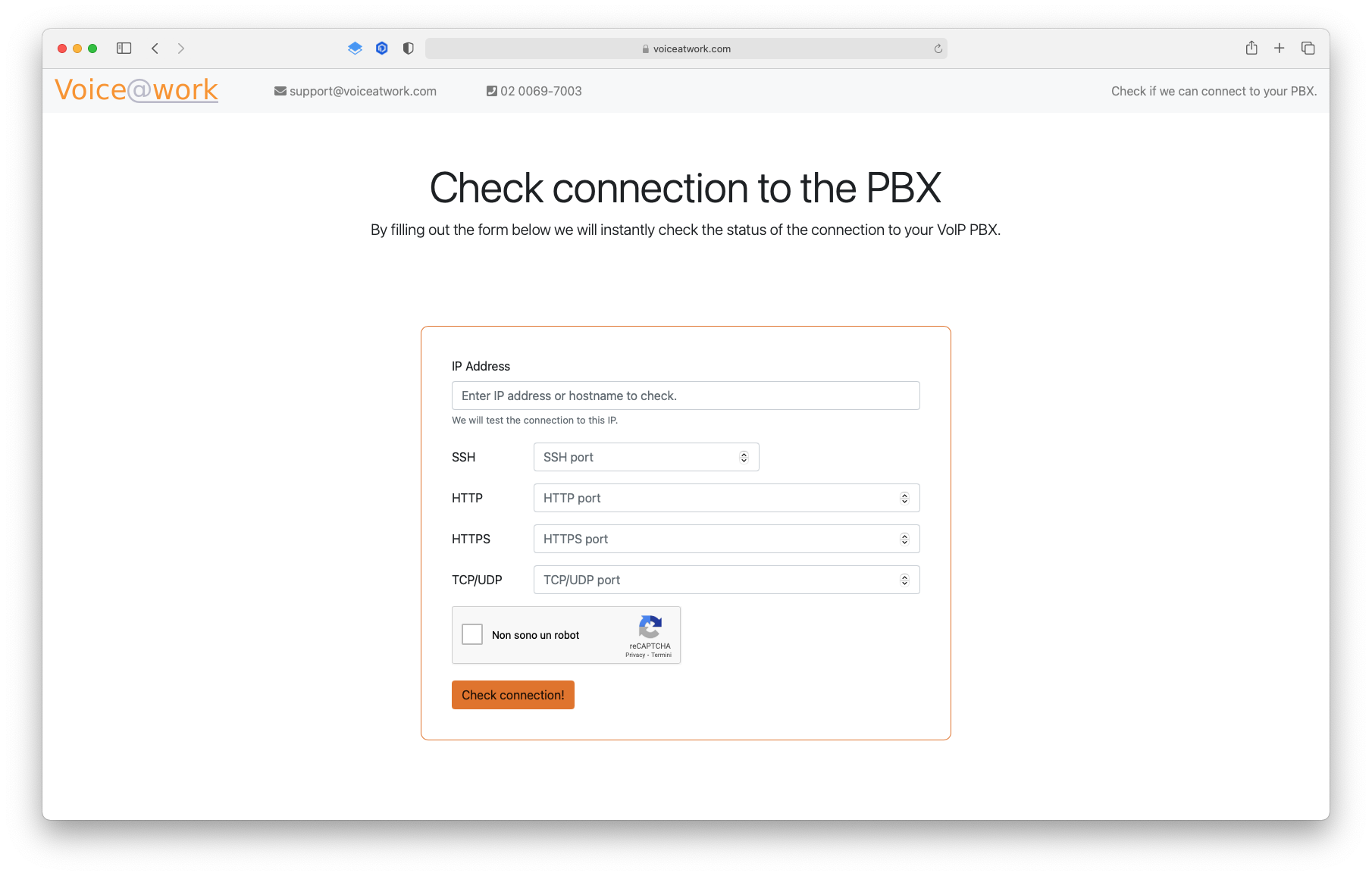 pbx test connessione - schermata principale