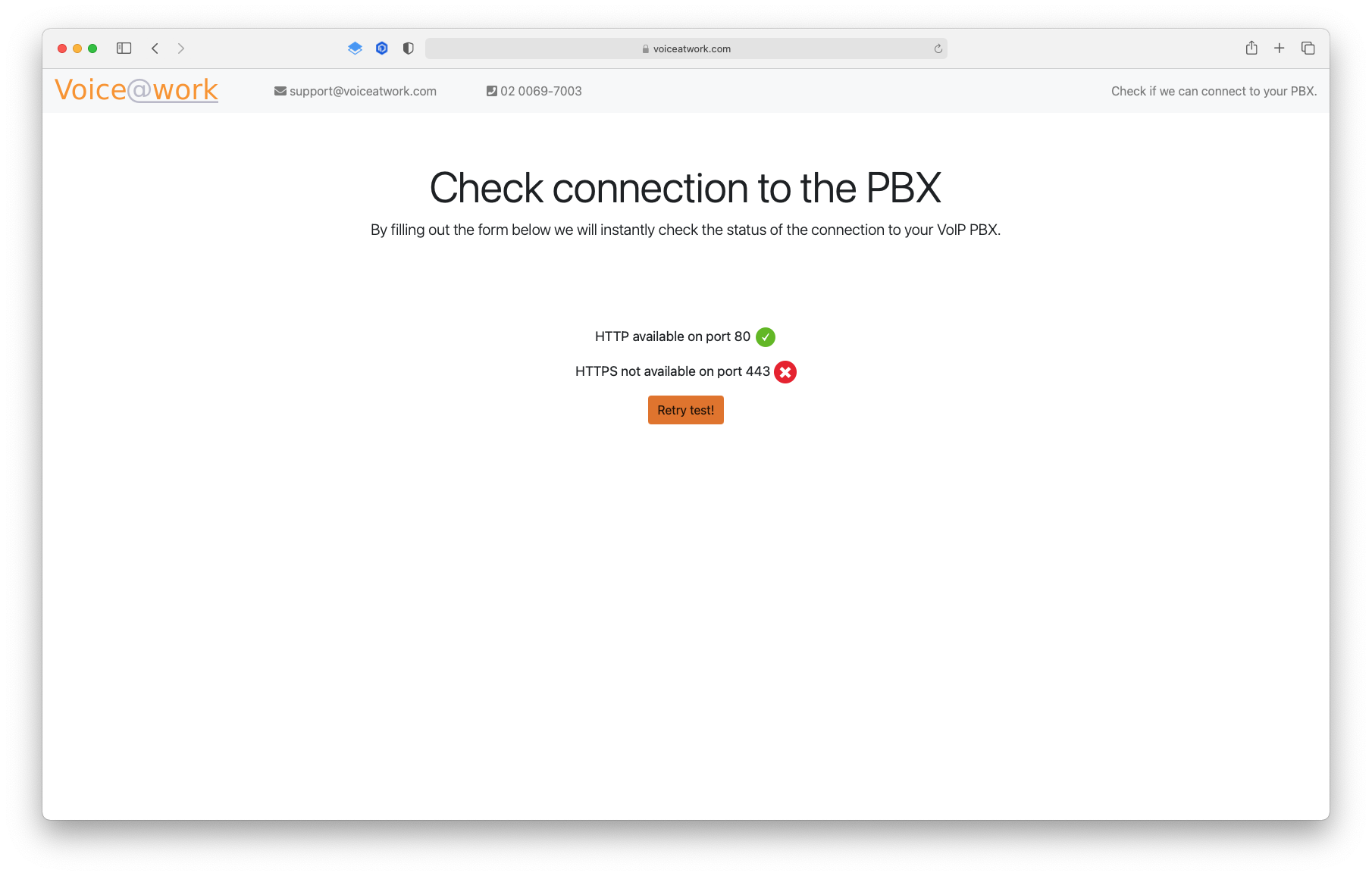 pbx test connessione - esito controlli