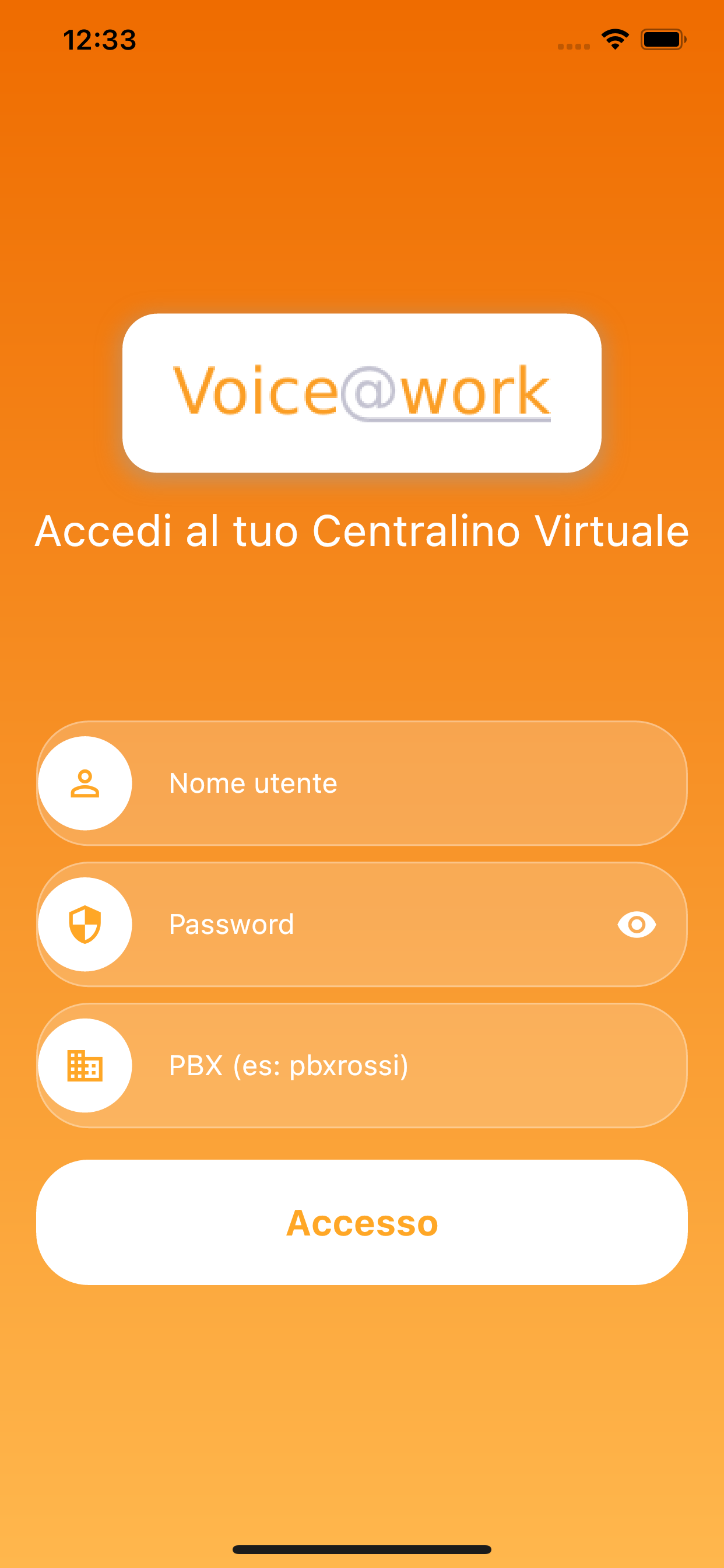 Voice@work App - login screen