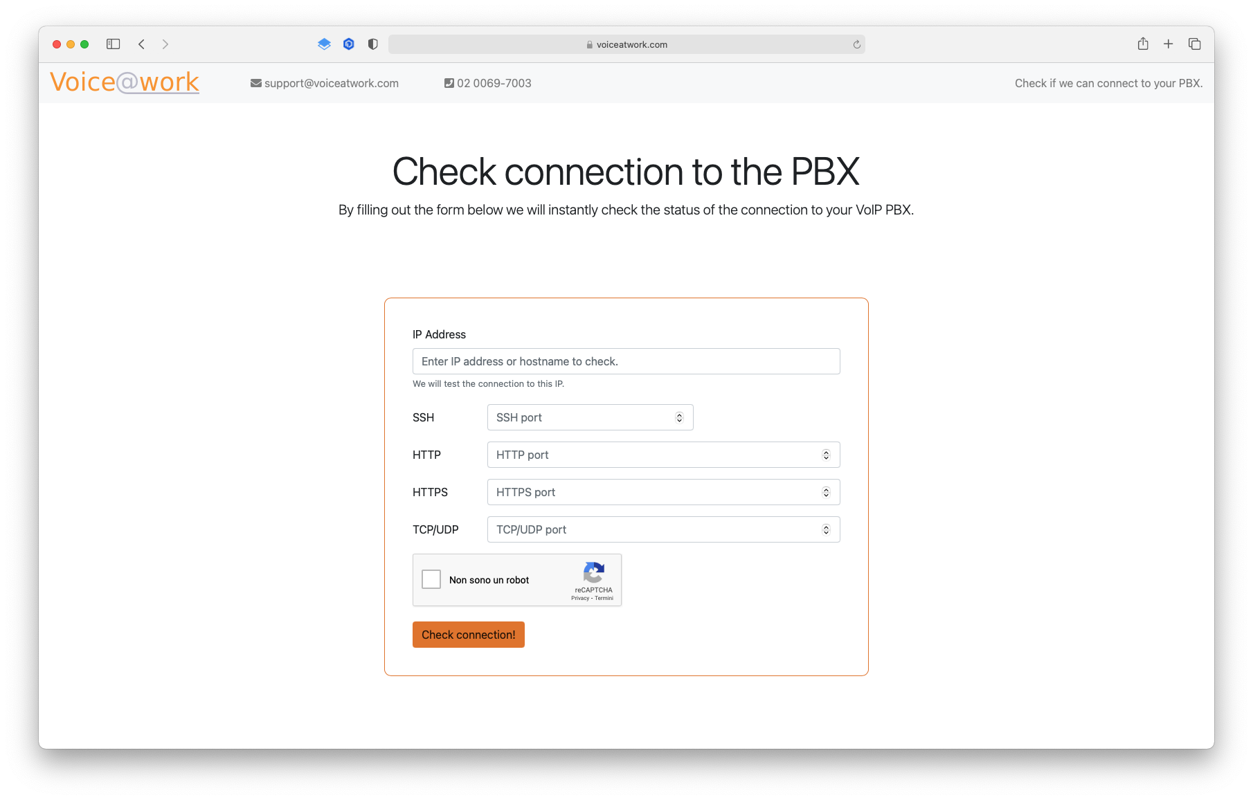 PBX Connection Check - main screen