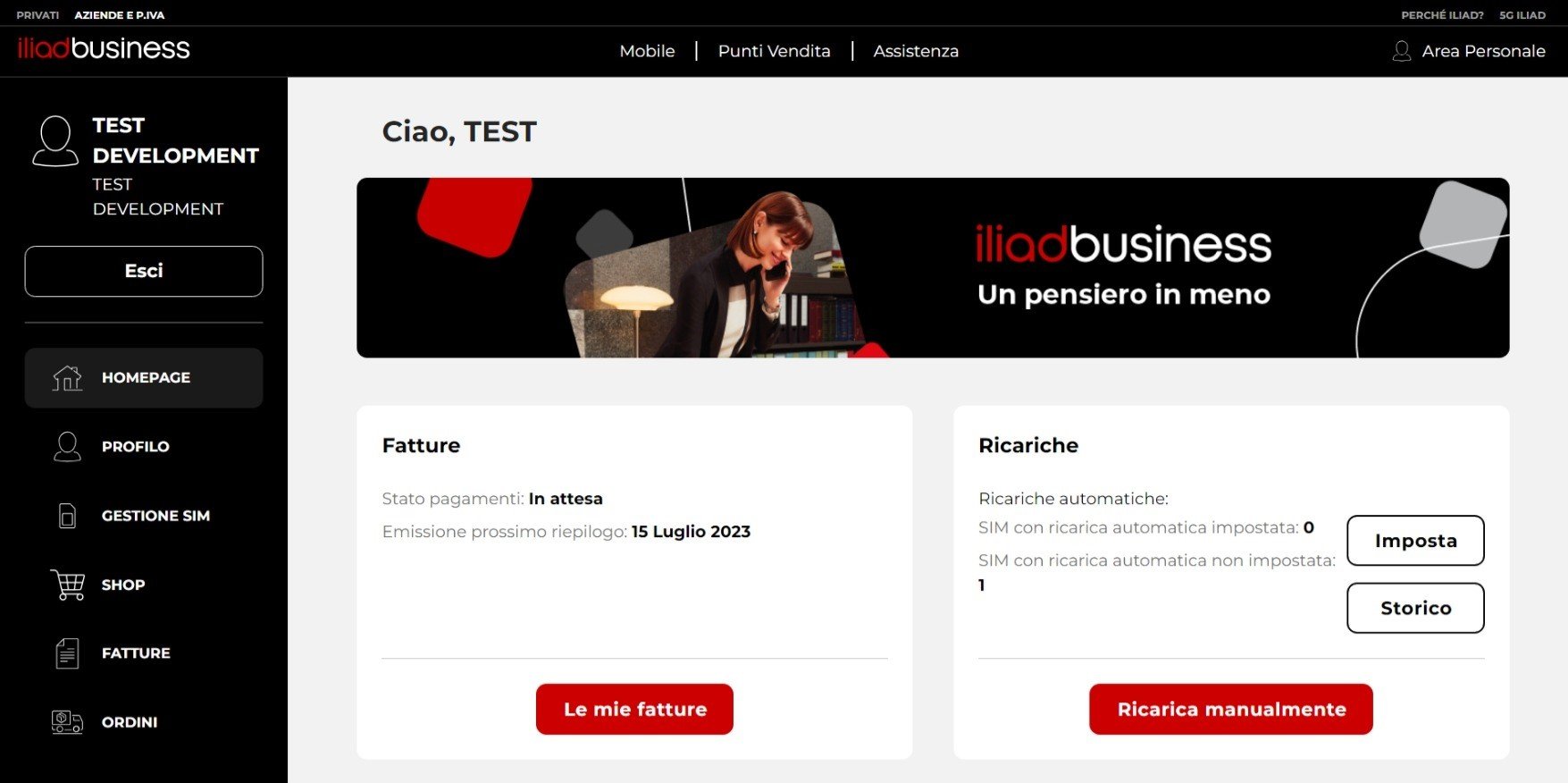 iliadbusiness - Personal Area homepage